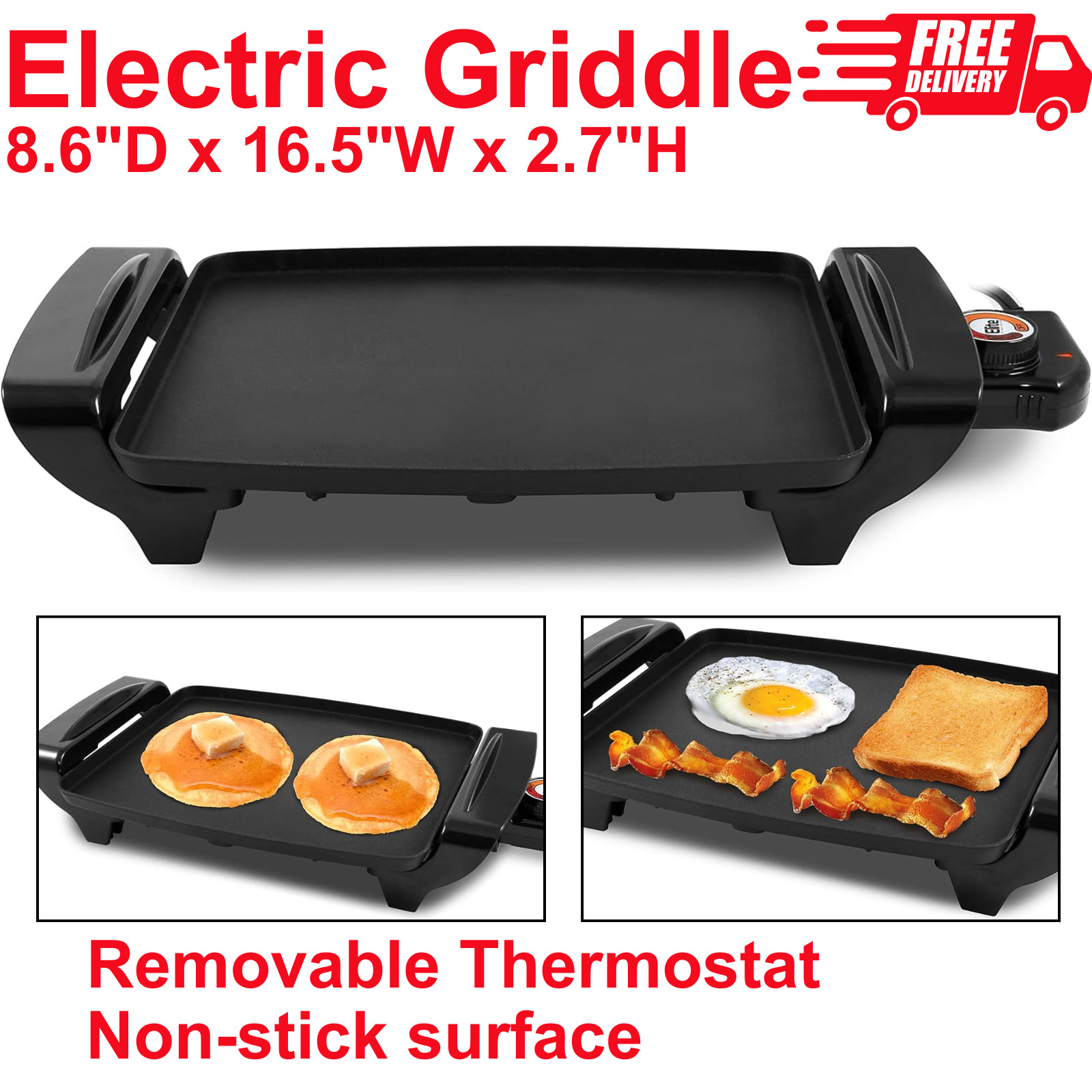 Electric 10.5″x8.5″ Non-Stick Griddle, Adjustable Thermostat, Cool-Touch Handles