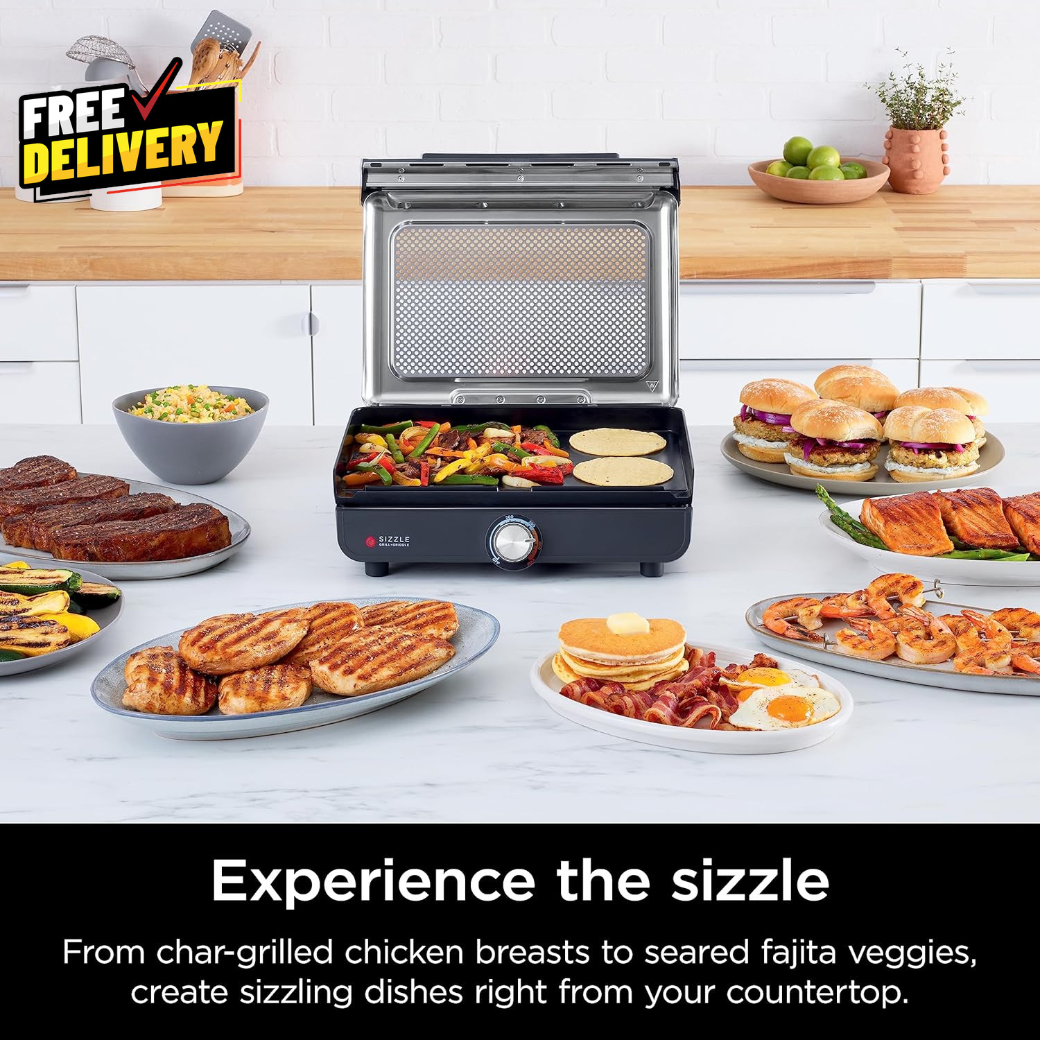 14″ Electric Griddle & Indoor Grill Nonstick Dishwasher Safe Silver GR101