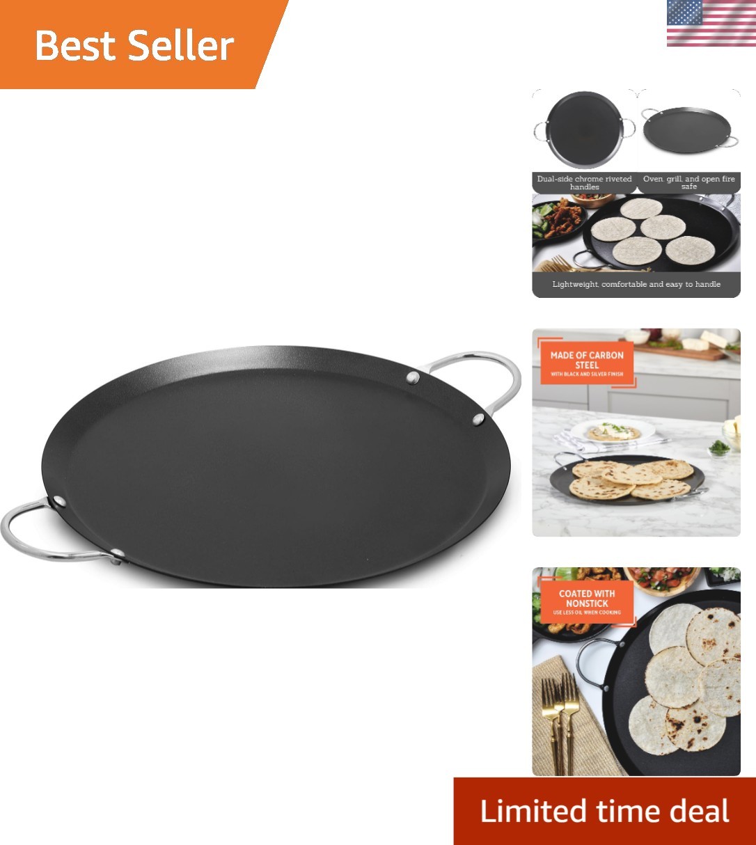 13.5-Inch Carbon Steel Nonstick Comal with Metal Handles – Versatile Cookware