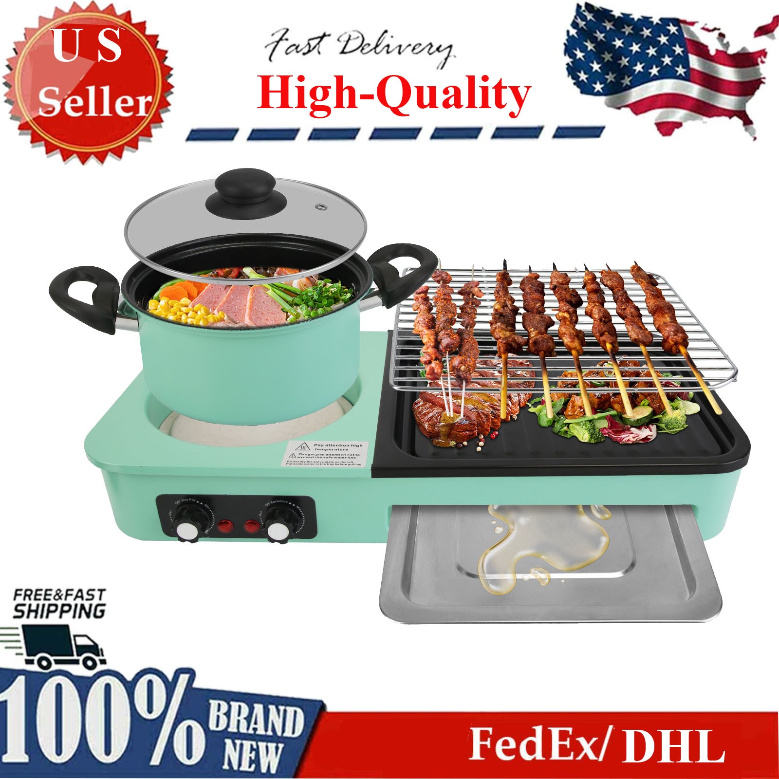 Smokeless Non-Stick Electric Hot Pot &Grill Combo 1600W W/ Temperature Control
