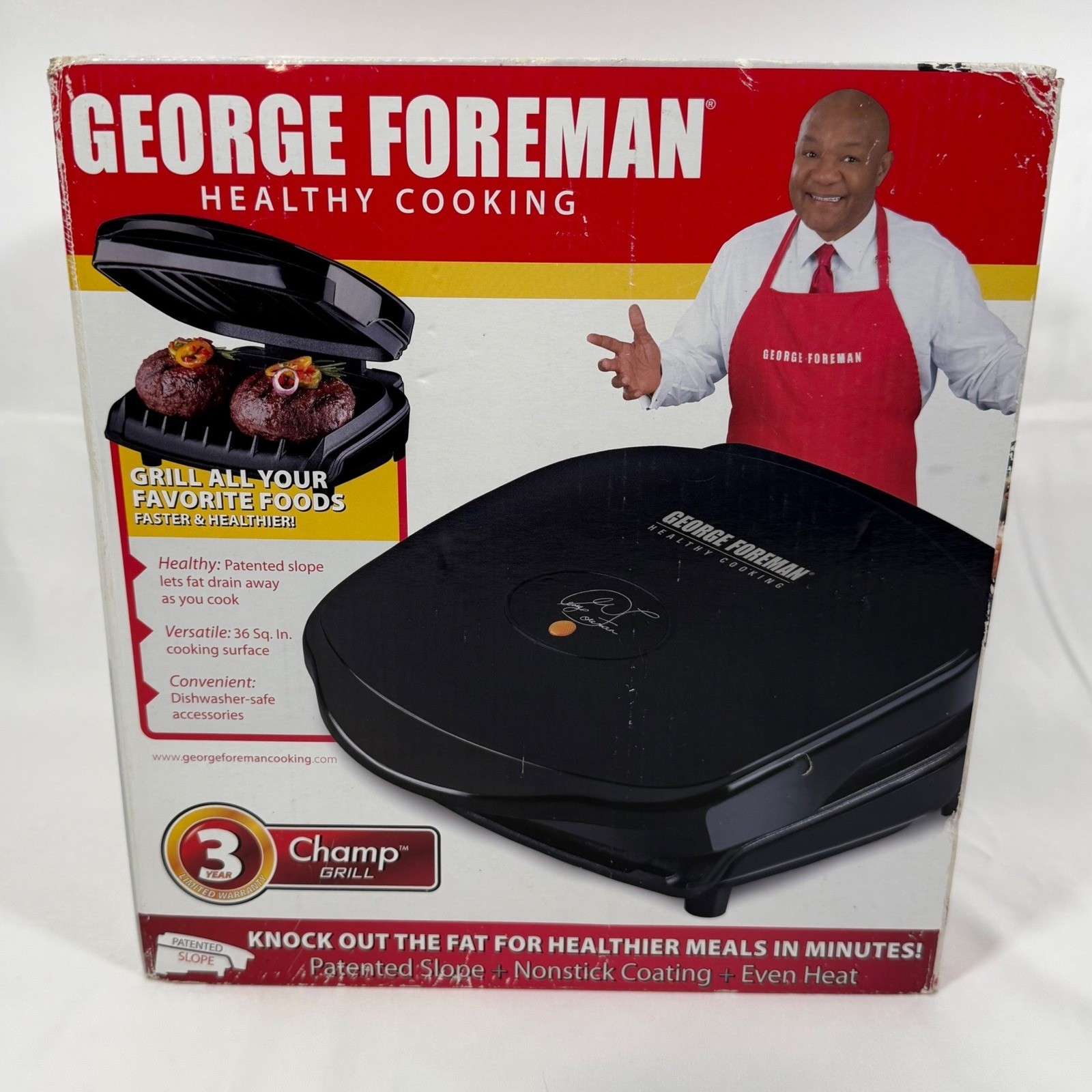 George Foreman Champ Grill GR10B Black 36 Sq In Nonstick Healthy Cooking New Box