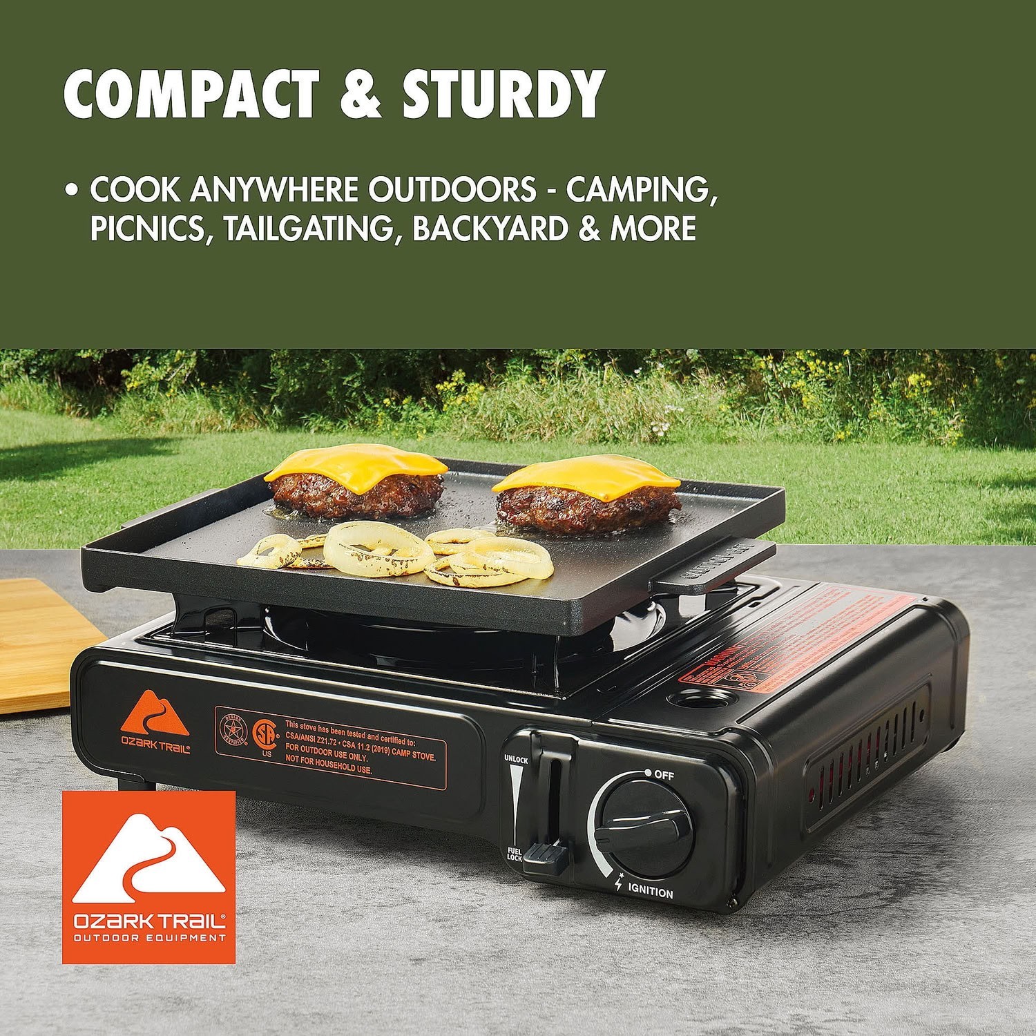 Ozark Trail 2-in-1 Butane Griddle Black 7650 BTU Outdoor Camping Stove Box