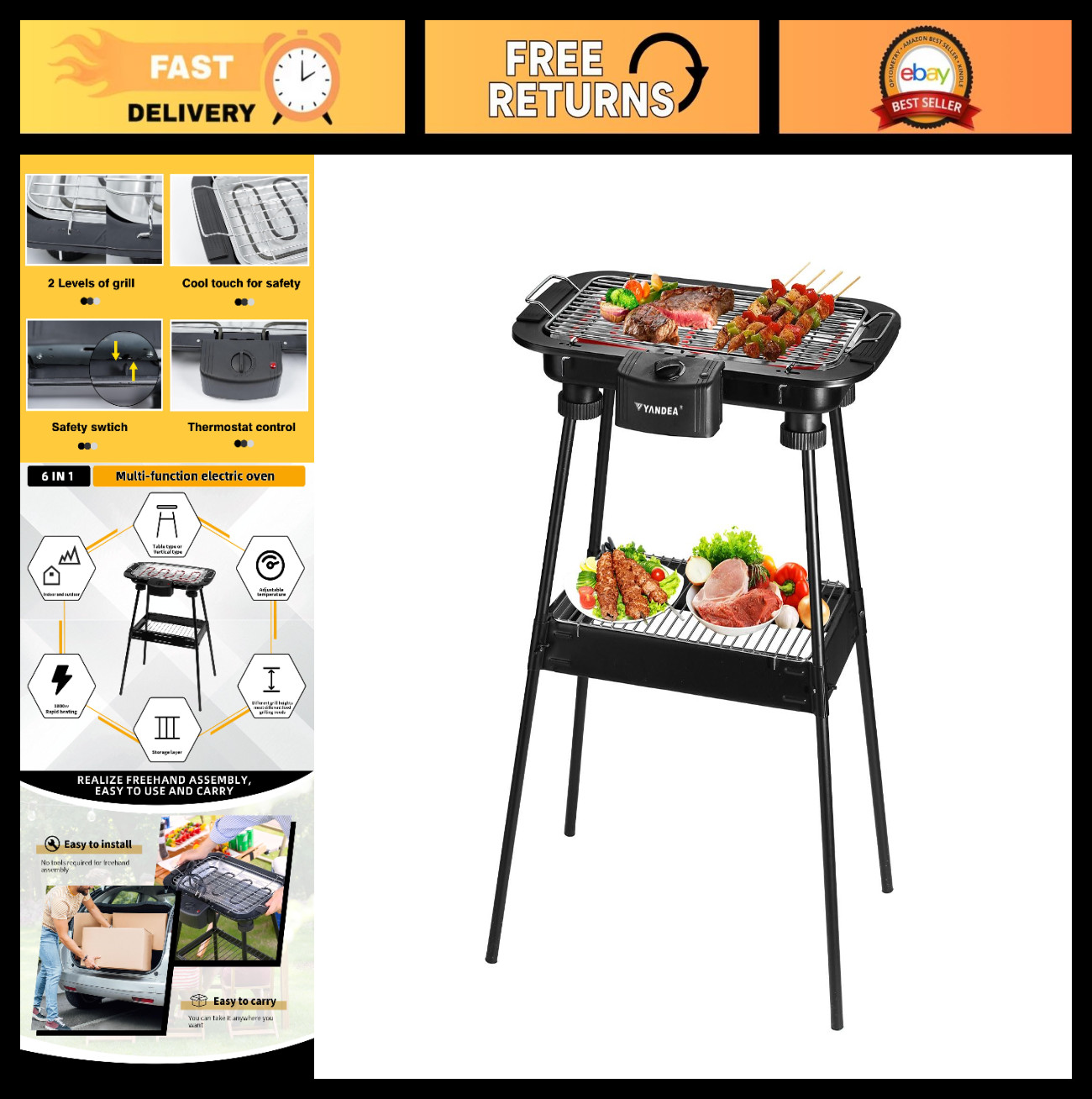 Smokeless Electric Grill for Indoor/Outdoor Cooking, Portable BBQ with Removable