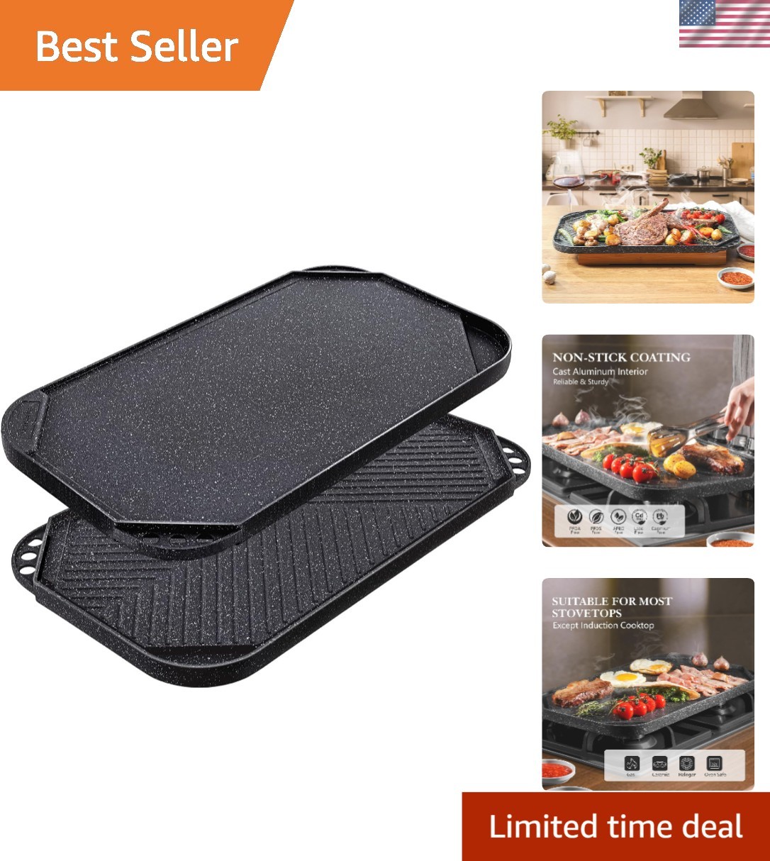 Nonstick Griddle Grill Pan, Pro-Grid Reversible Grill & Griddle Pan, Two Burn…