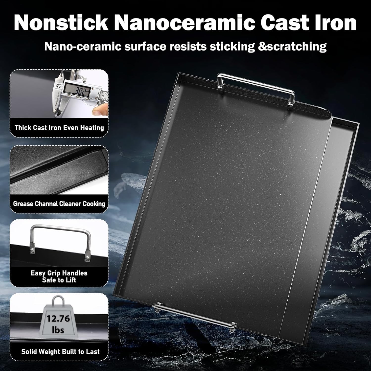 Heavy Duty Griddle Plate 17 Inch Black Nanoceramic for Gas and Charcoal Grills