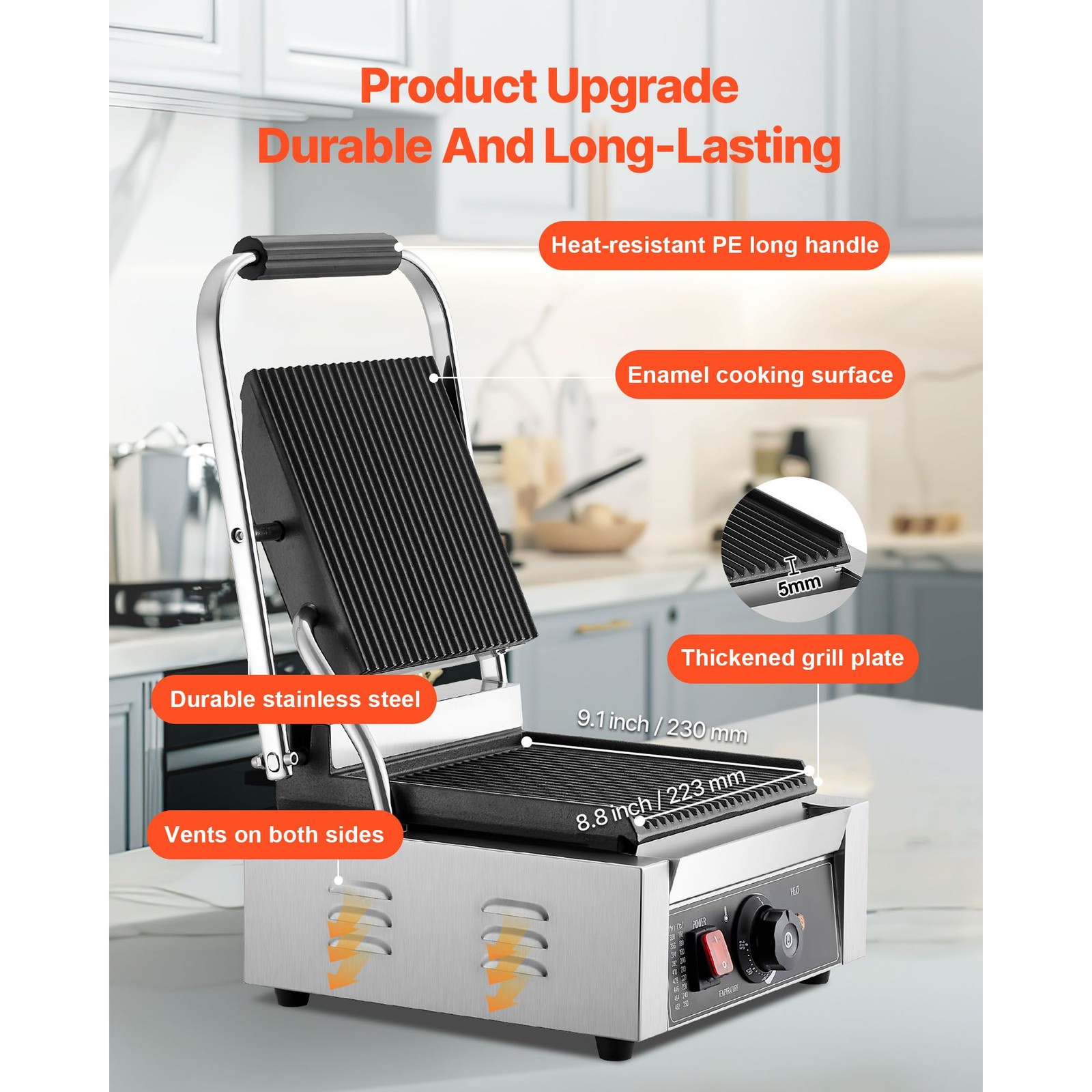 Electric Panini Grill, 1800W Sandwich Maker with Temp Control, Grooved Enamel