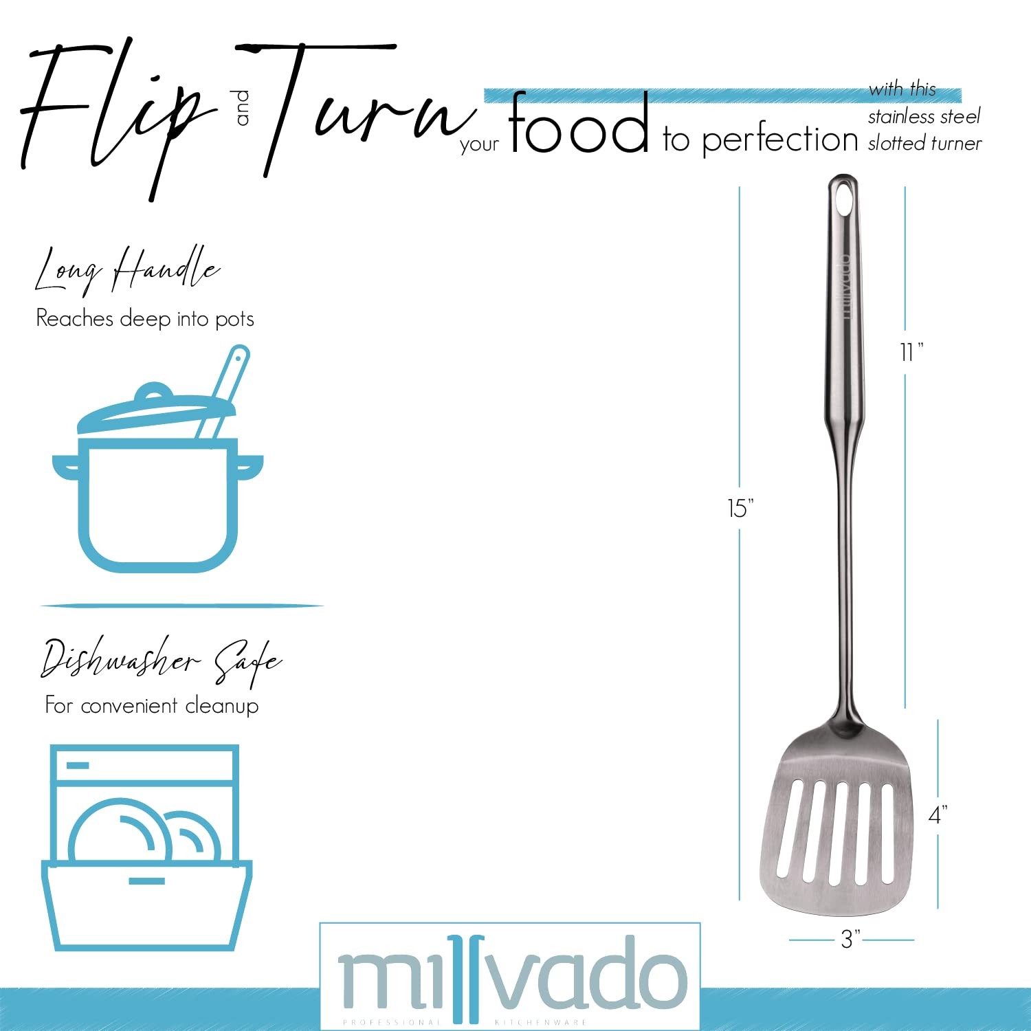 Millvado Stainless Steel Cooking Spatula,15 Inch Metal L, Slotted Turner