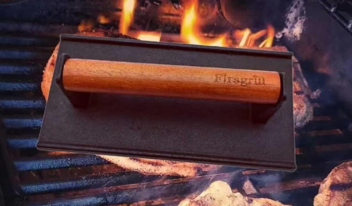 Heavy-Duty Cast Iron Grill Press with Wood Handle for BBQ, Griddle & Panini