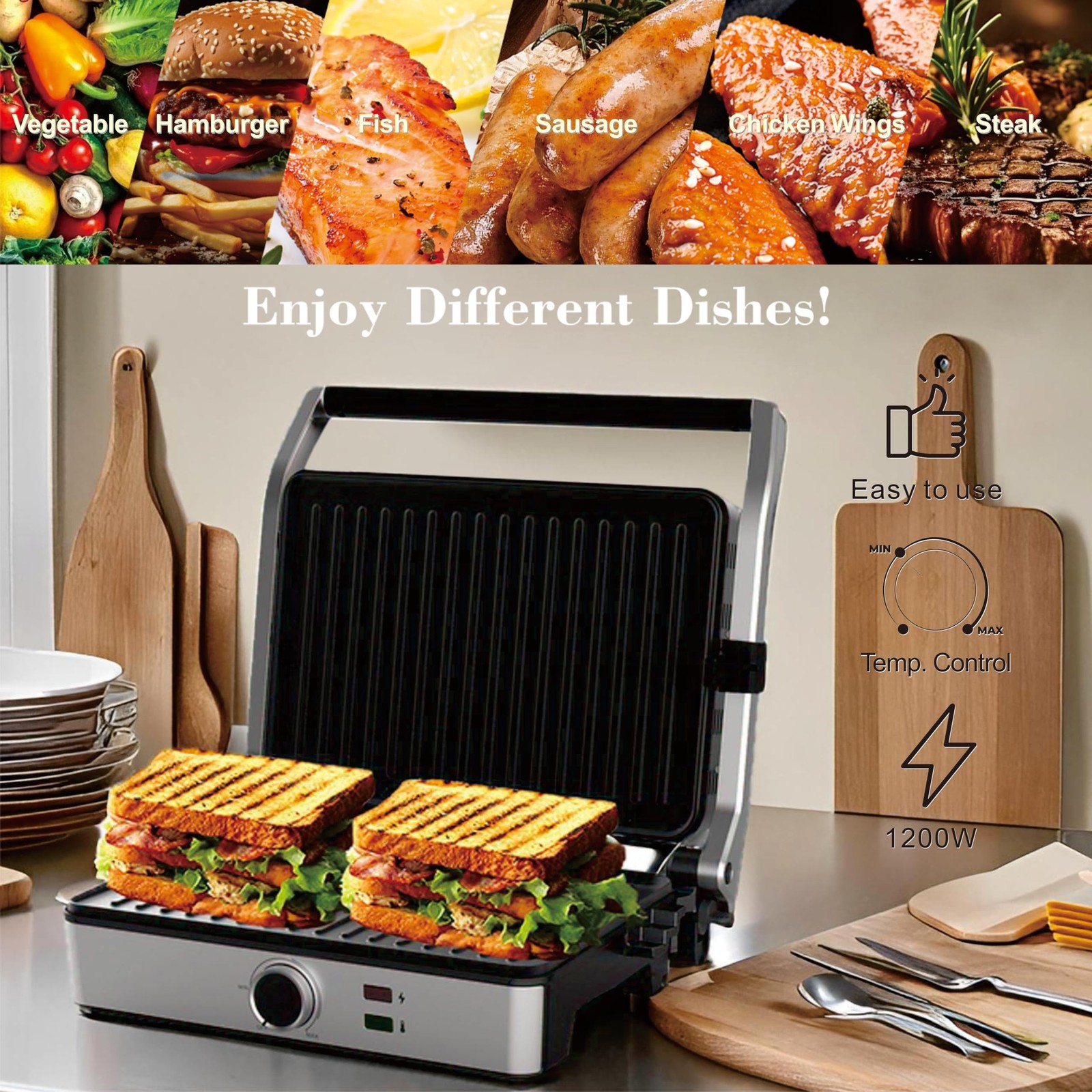 MUBENLIFE Panini Press, Electric Sandwich Press Grill, Open 180 Degrees