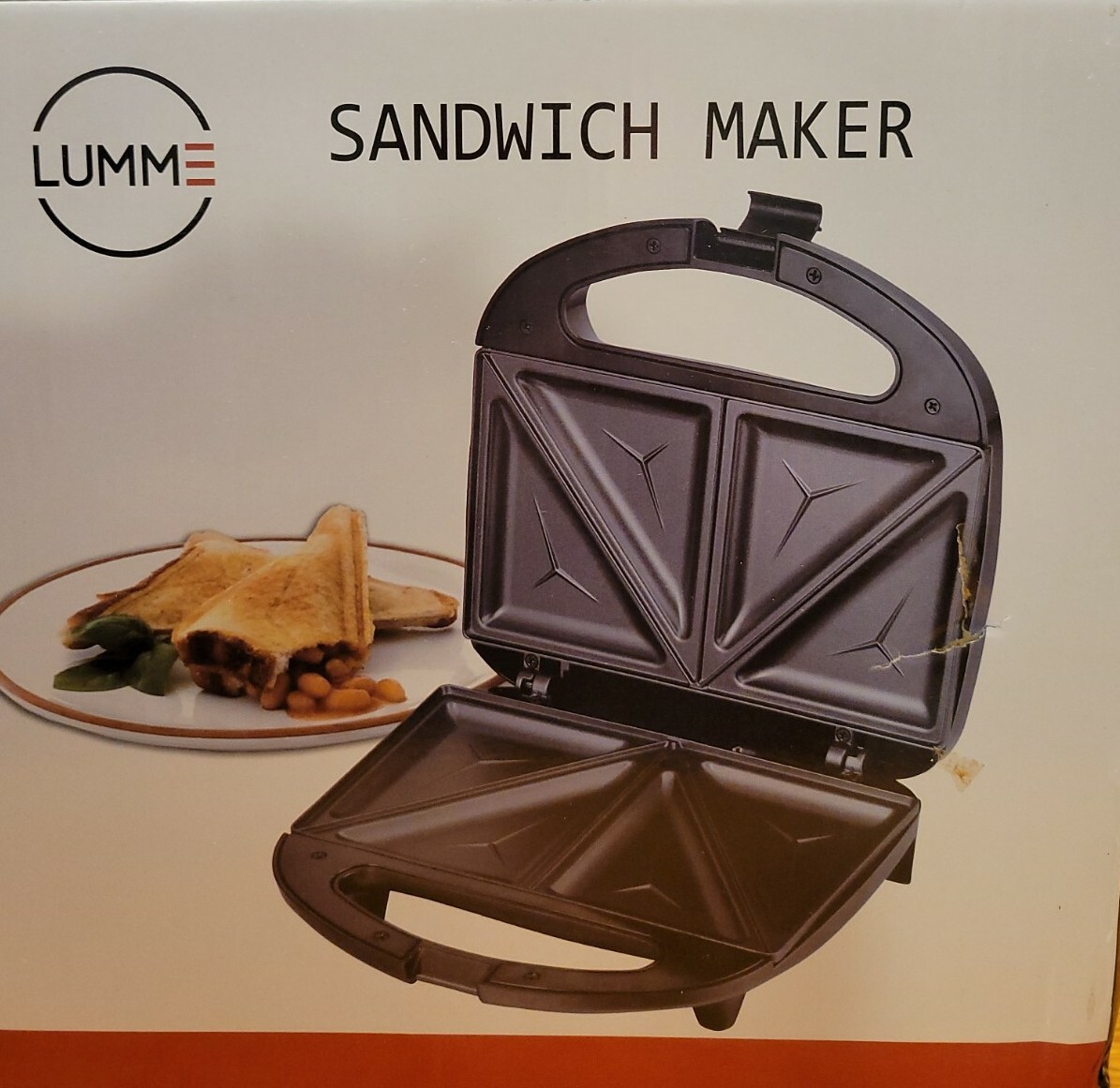 LUMME Sandwich Maker Non-Stick Surface, Black Safe Lock Cool Touch Handle