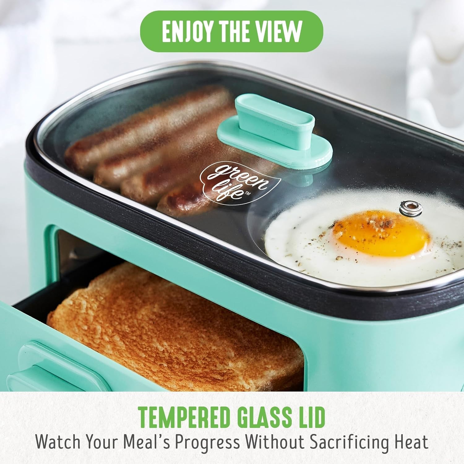 Turquoise 3-in-1 Breakfast Maker: Healthy Ceramic Nonstick, Dual Griddles, To…