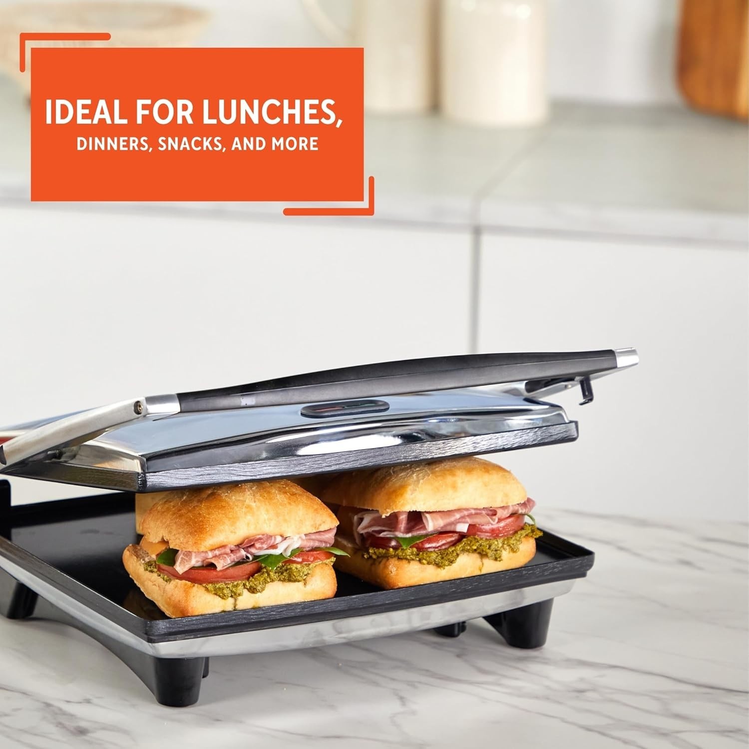 IMUSA 12x10in Stainless Steel Electric Panini Press with Temperature Control, No