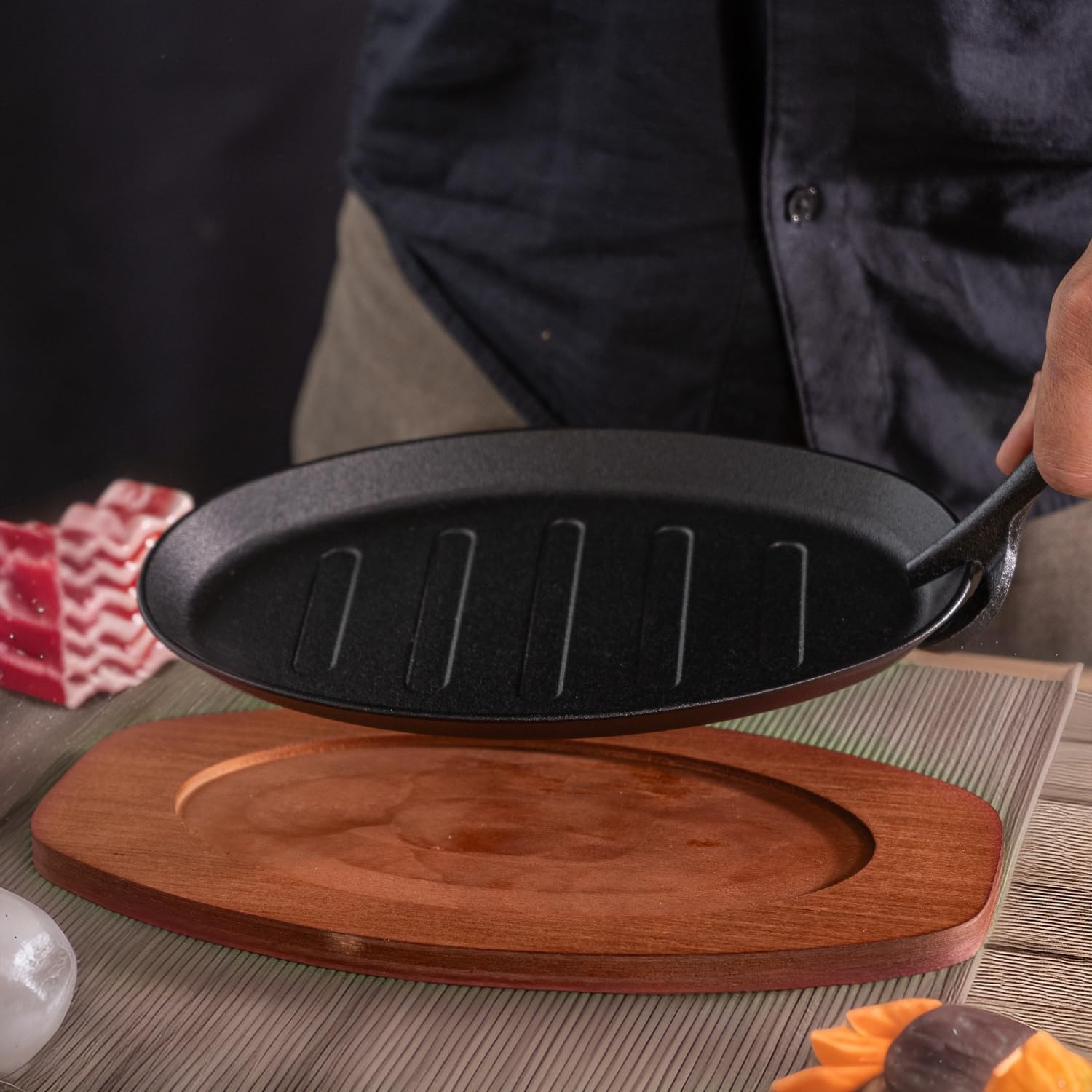 Cast Iron Steak Plate Sizzle Griddle Wooden Base Fajita Pan Oval 10 Inch