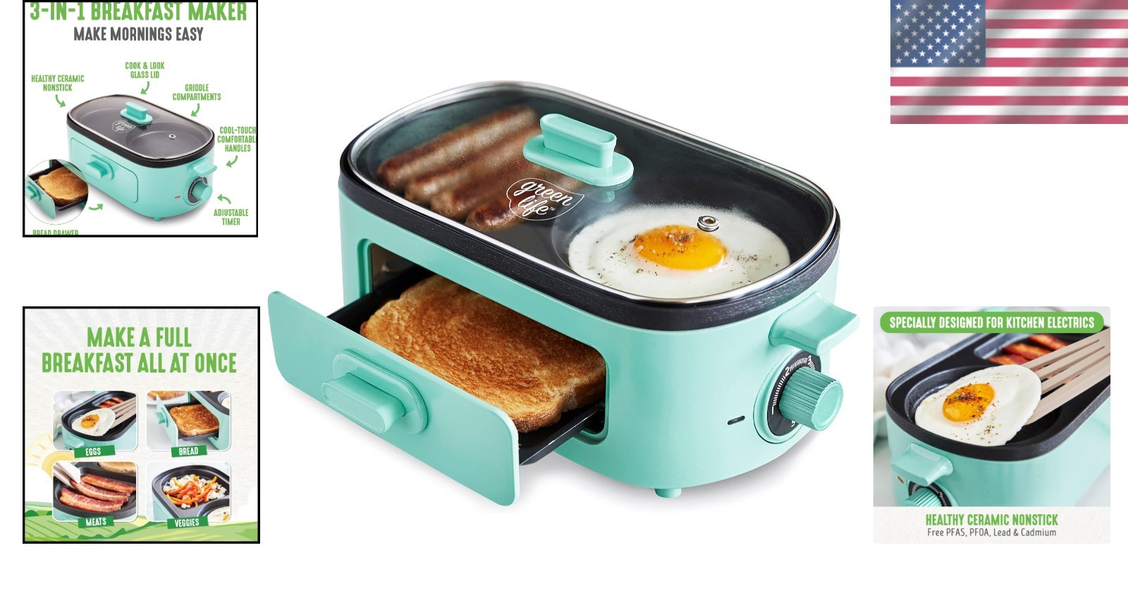 3-in-1 Breakfast Station, Healthy Ceramic Nonstick Griddles