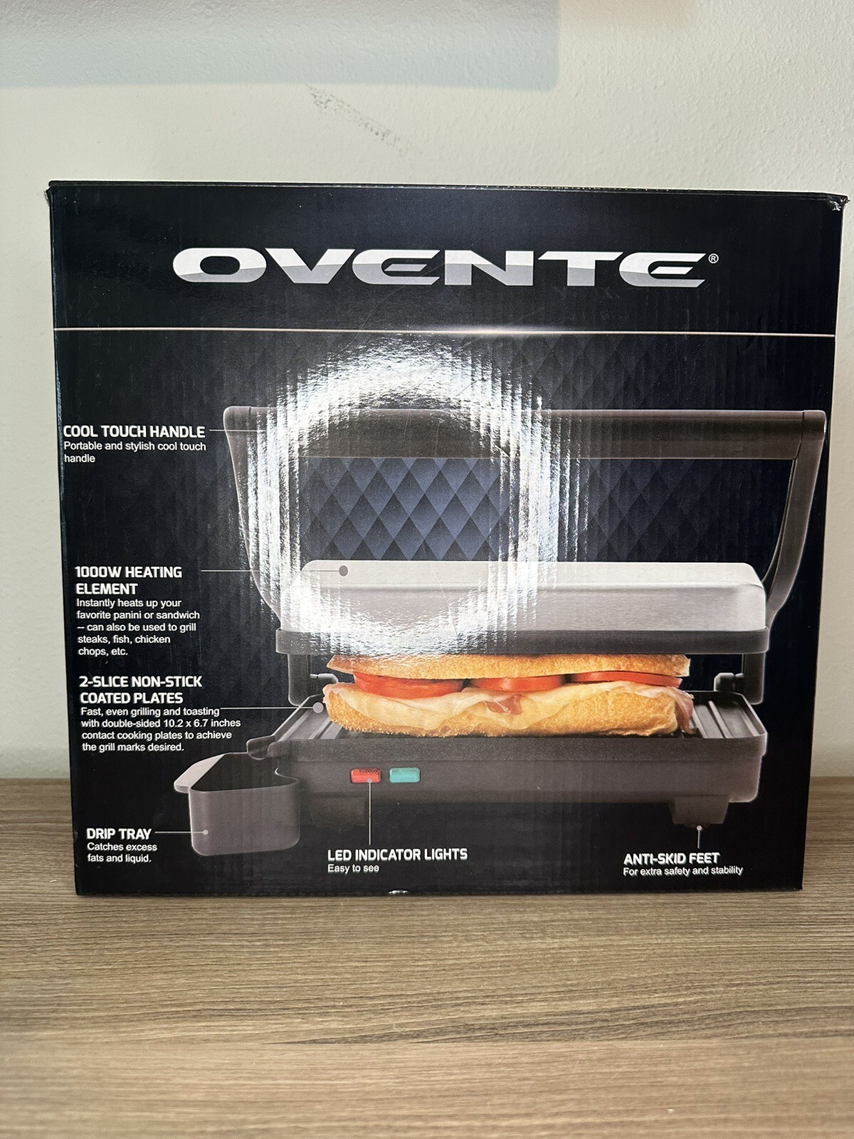 Ovente Electric Panini Grill GP0620BR 2 Slice Non-Stick Cool Touch Handle