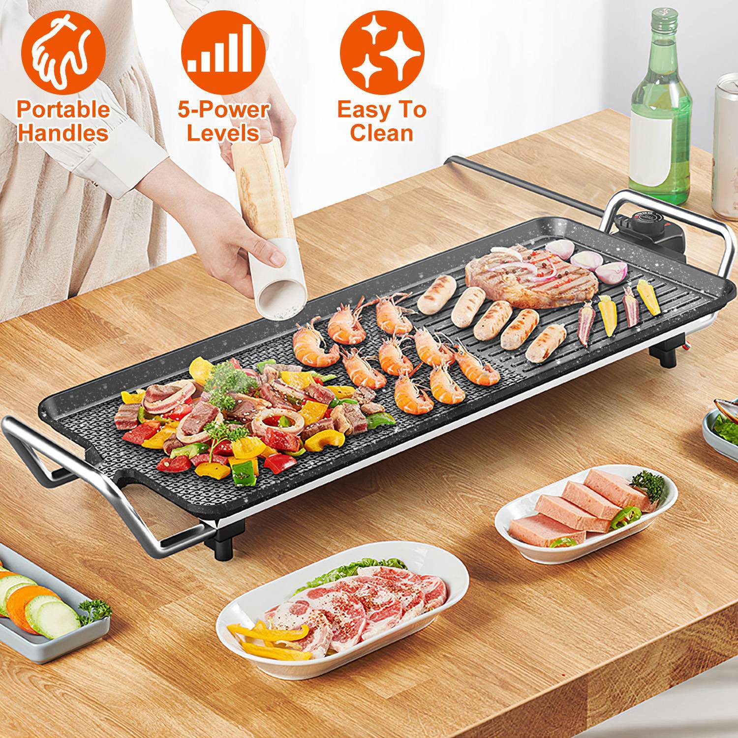 New Electric BBQ Grill Griddle, Non-Stick Tabletop for Indoor/Outdoor