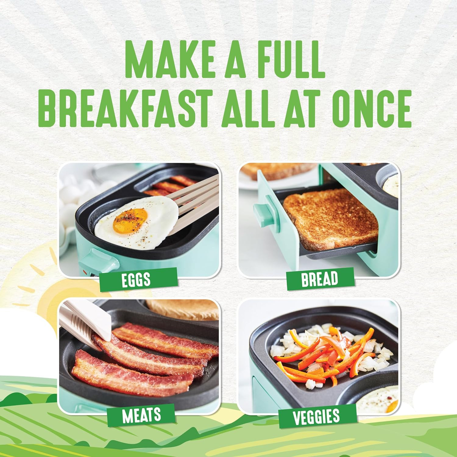 3-In-1 Breakfast Station Dual Griddles for Eggs Meat Etc 2-Slice Toast Drawer