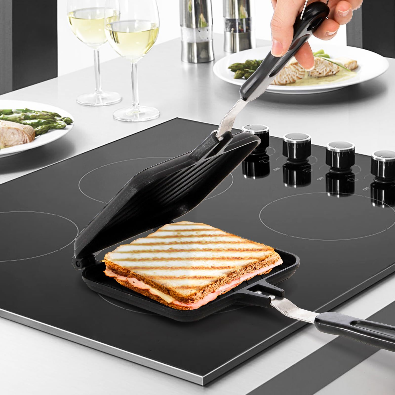 Hot Sandwich Panini Maker with Handle, Non-Stick Double Sided Frying Pan Grilled