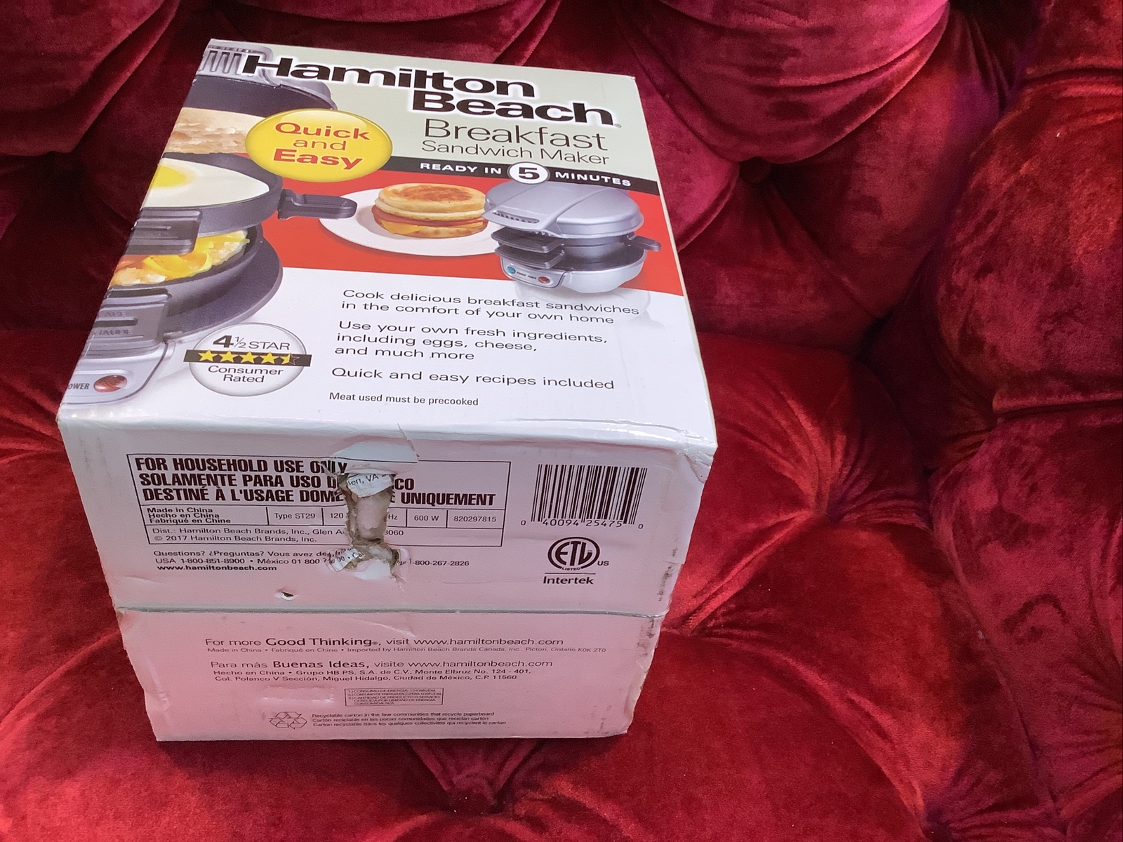 Hamilton Beach Breakfast Sandwich Maker 25478R NEW Factory Sealed Damaged Box