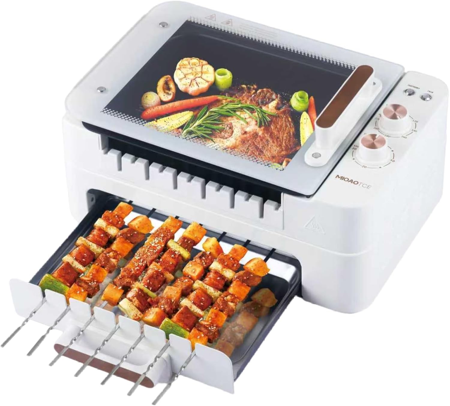 MIOAOTCE 3-in-1 Skewer Electric Indoor Grill 1000W 360 Auto-Rotating Smokeless