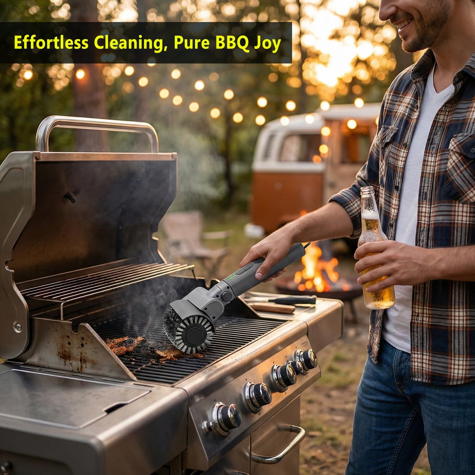 Lenzhan Electric Grill Brush 3-in-1 Kit – Cordless BBQ Cleaner Light Gray