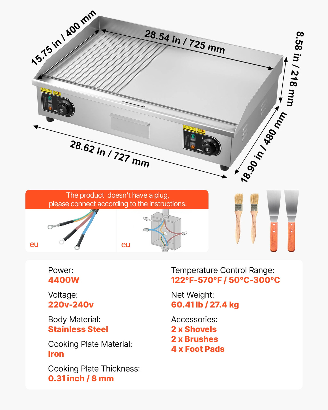 SucceBuy Commercial Electric Griddle 50-300°C Adjustable Temp Control Stainless
