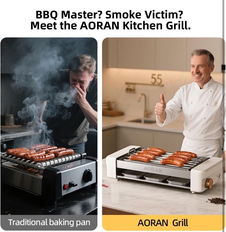 AORAN Electric Indoor Grill Smokeless, 800W, 13.4×8.3 Inch for BBQ, Meat Hot Dog