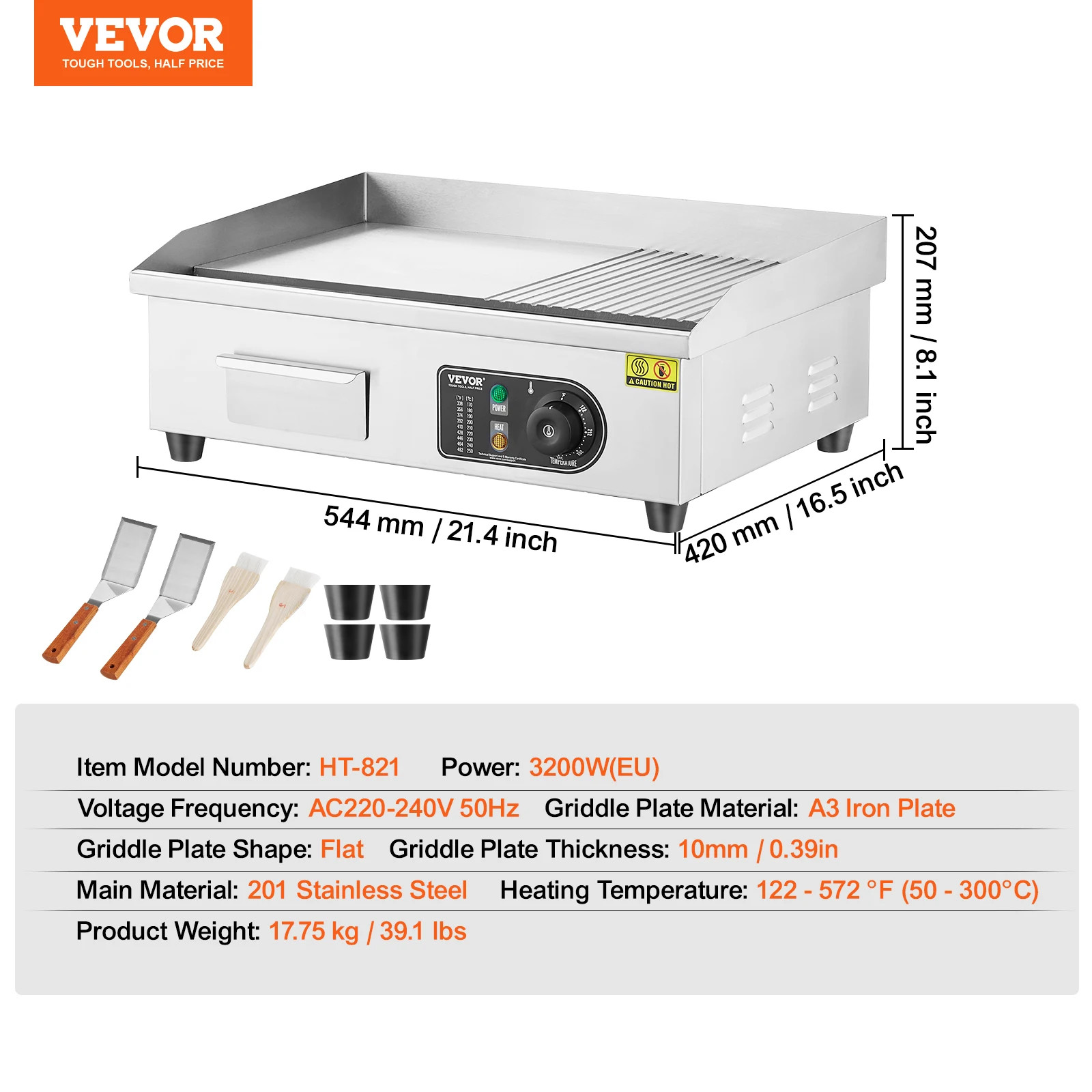 14″-22″ Electric Countertop Griddle 1600W/3200W Stainless Steel Teppanyaki Grill
