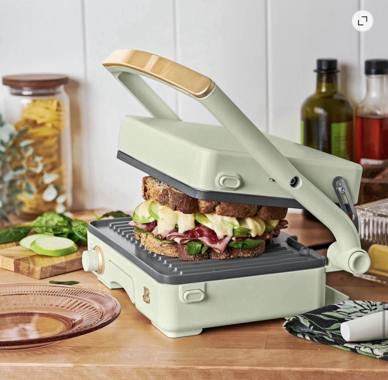 Beautiful 2-in-1 Panini Press Grill Sage Green Drew Barrymore Nonstick