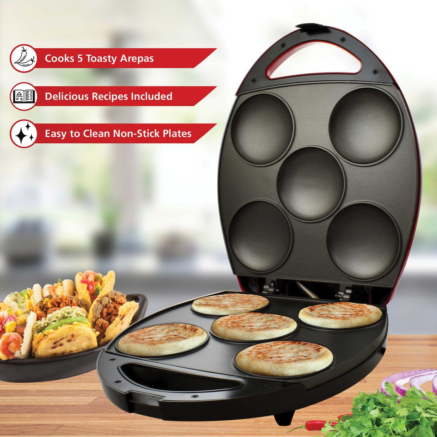 Brentwood AR-137R 1,200-Watt 5-Piece Nonstick Arepa Maker