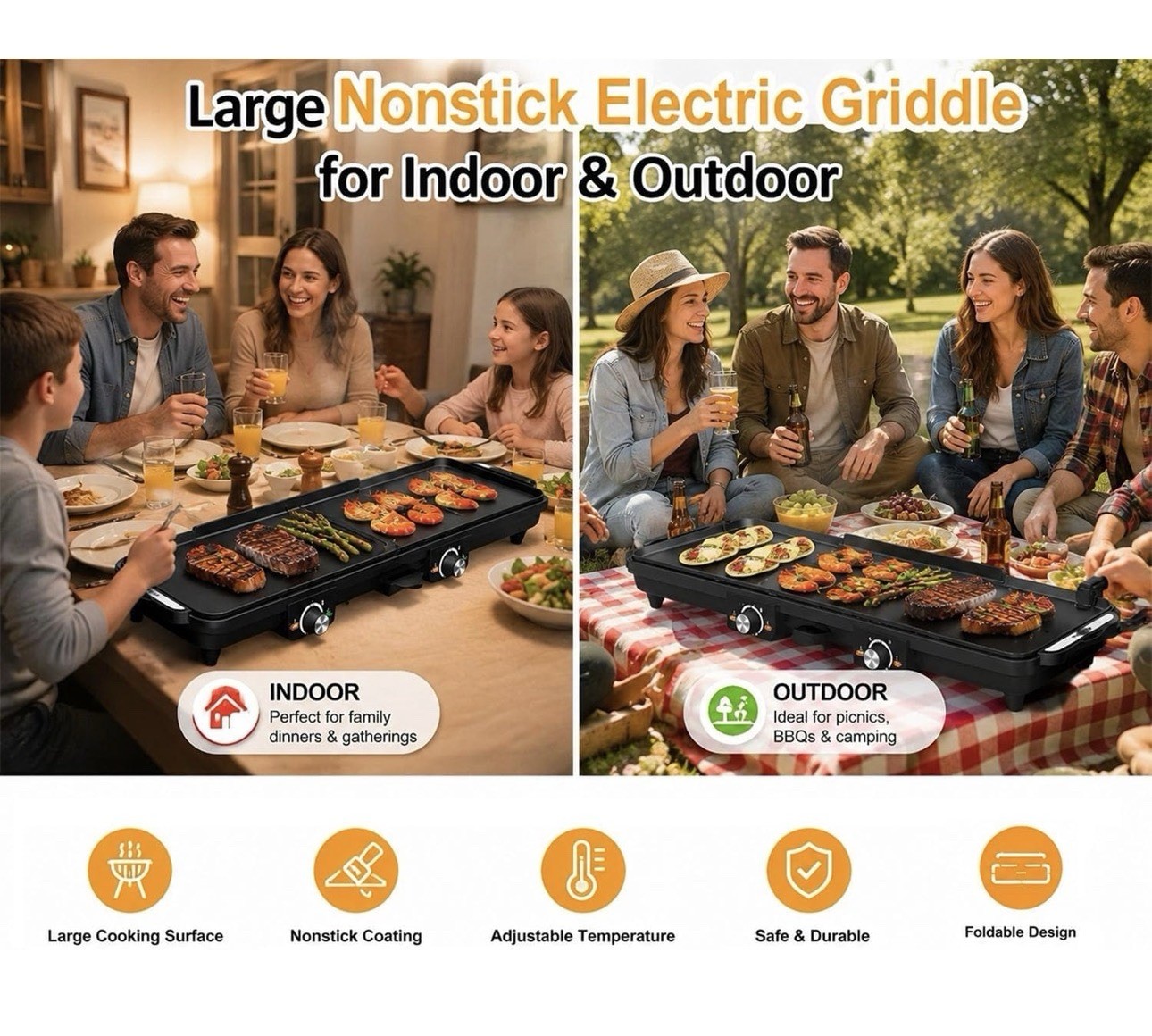 Sunvivi 38” Extra Large Electric Griddle – Foldable Grill Nonstick Plate, NEW!!