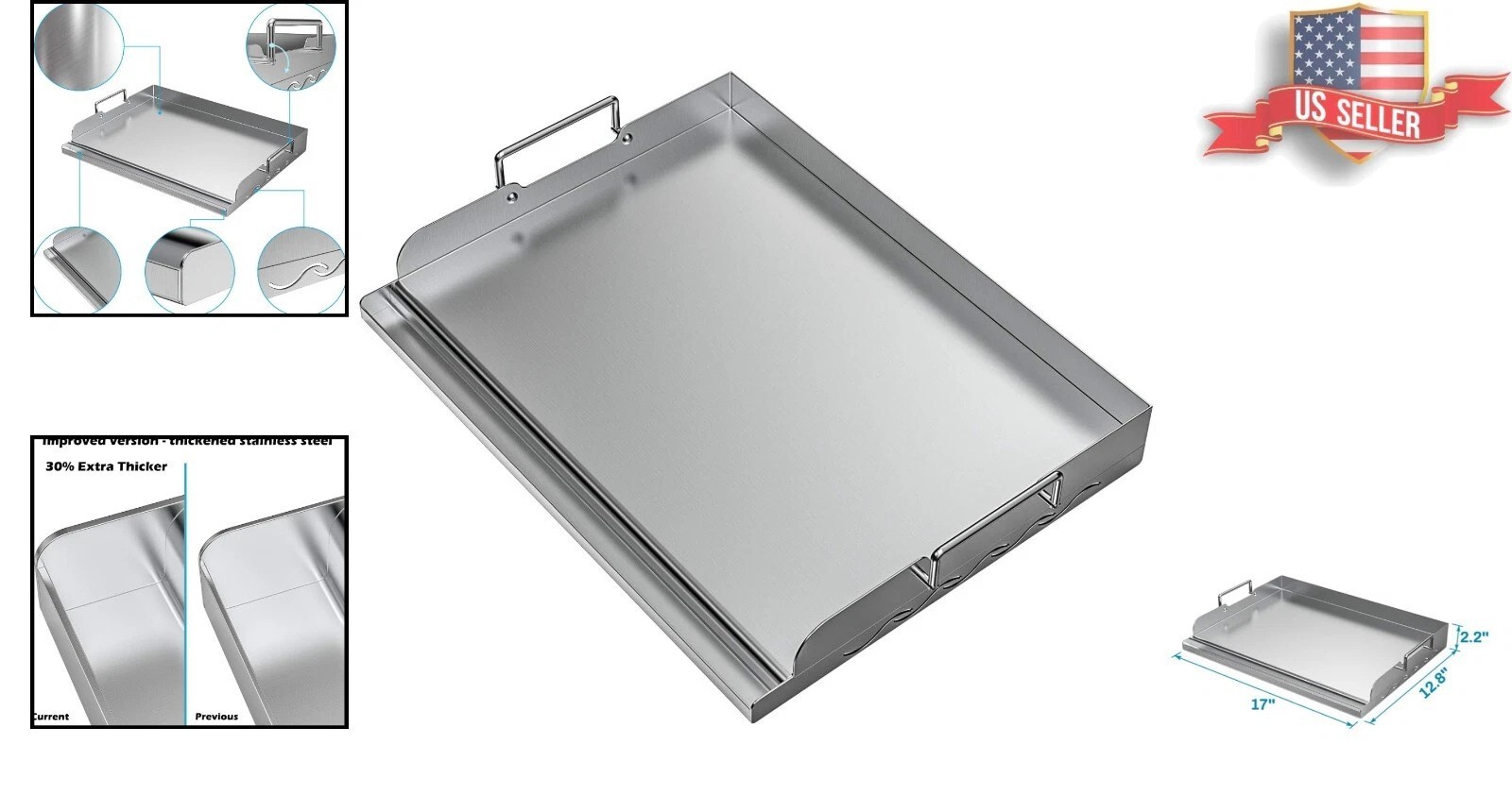 Professional Grade Stainless Steel Griddle with Even Heating Bracing – 17″ x 13″