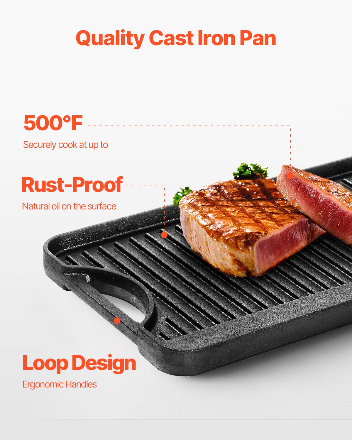 VEVOR 20x10in Reversible Grill Griddle Pre-Seasoned Rectangular BBQ Pan Cast