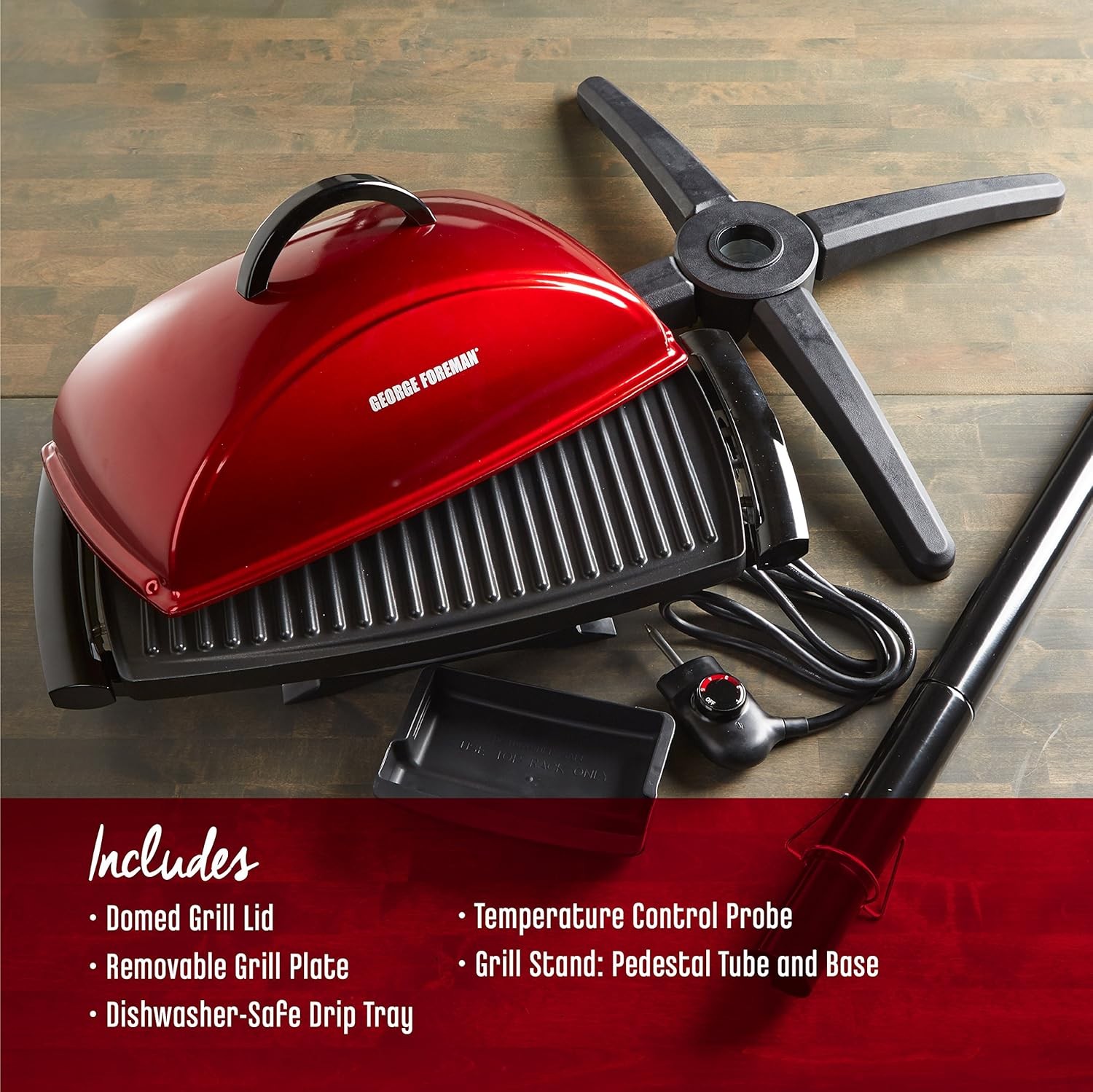 George Foreman 12-Serving Indoor/Outdoor Rectangular Electric Grill, Red, GFO…