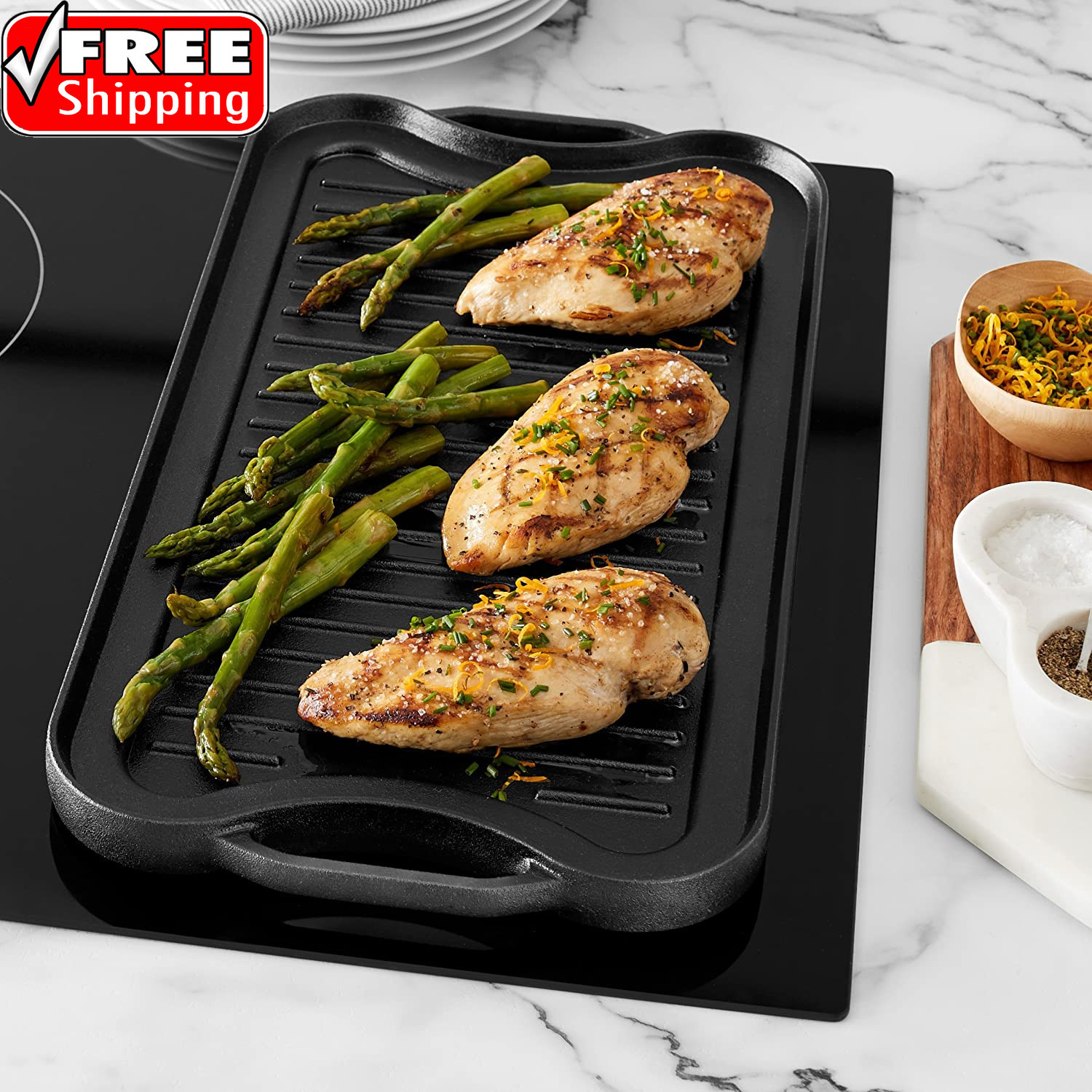 Pre-Seasoned Cast Iron Reversible Rectangular Grill/Griddle with Even Heat Distr