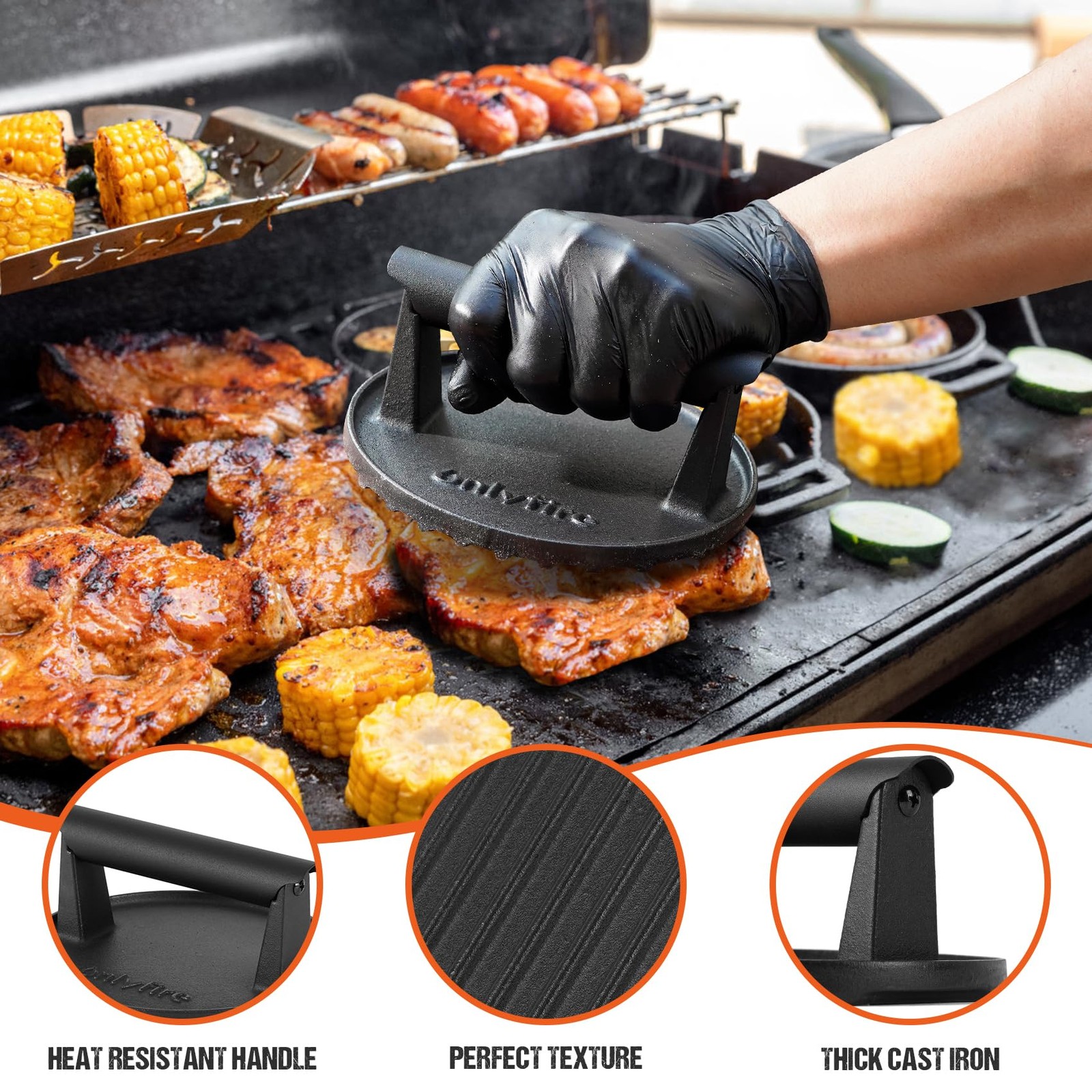 onlyfire Cast Iron Grill Press, Heavy-Duty Smash Burger Press Meat black