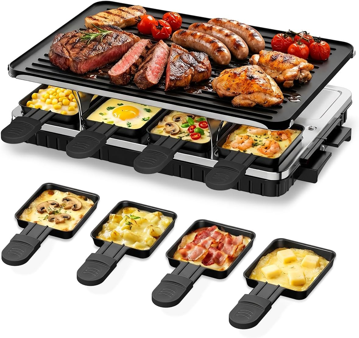 Electric Raclette Grill & BBQ, 8 Trays, Nonstick, 1300W for Family Fun