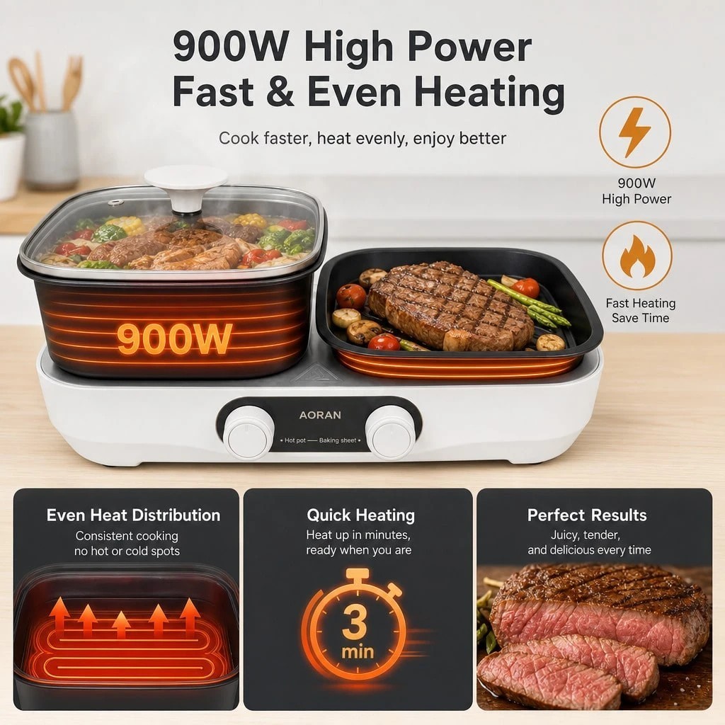 Electric Hot Pot Grill Pan Combo Nonstick Cooker With Glass Lid