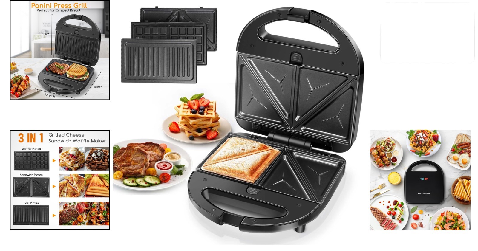 Aigostar 3 In 1 Sandwich Maker Panini Press Waffle Maker 750W