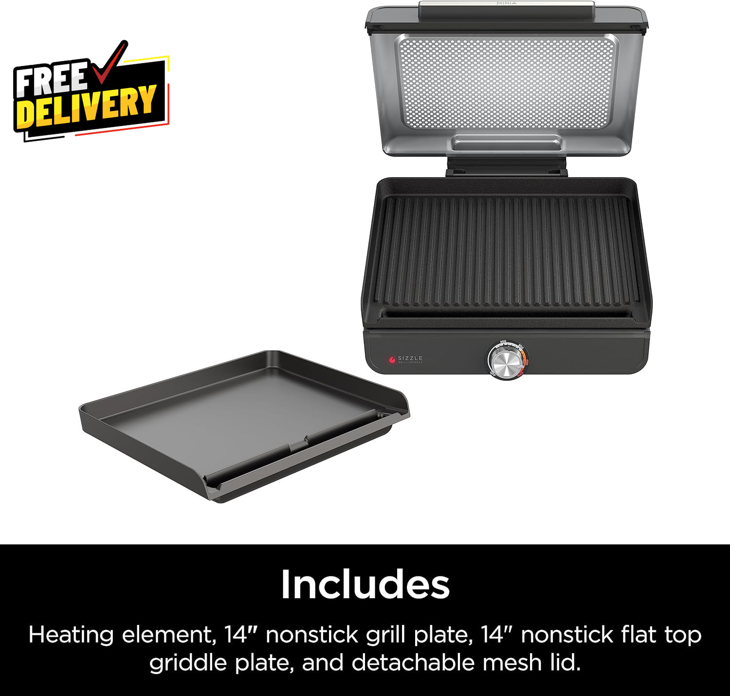 14″ Electric Griddle & Indoor Grill Nonstick Dishwasher Safe Silver GR101