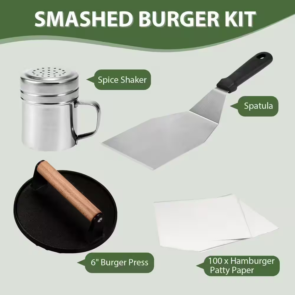 Smash Burger Kit for Flat Top Griddle Grill Cooking and Outdoor Barbecues, Black