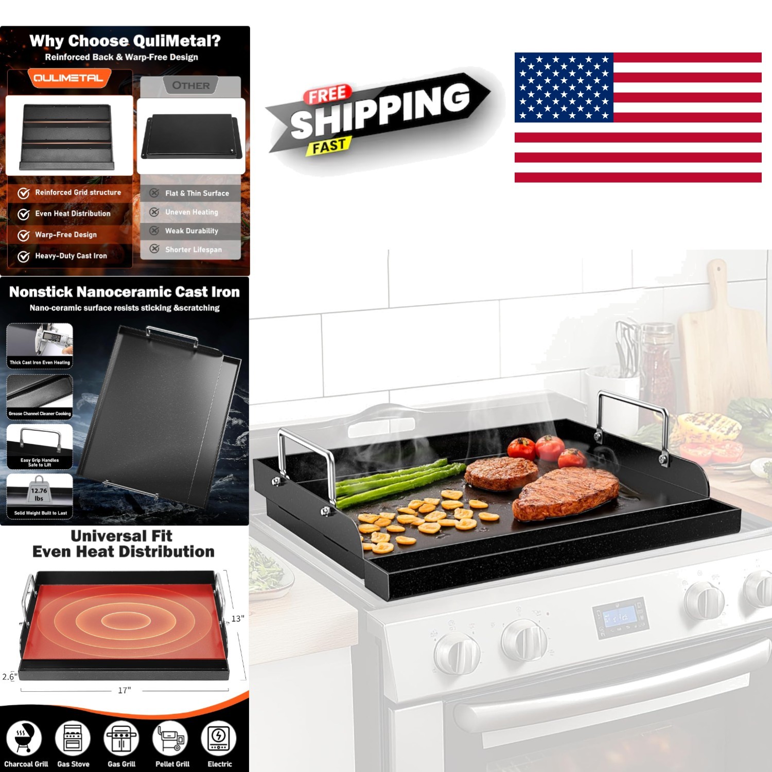 Heavy Duty Griddle Plate 17 Inch Black Nanoceramic for Gas and Charcoal Grills
