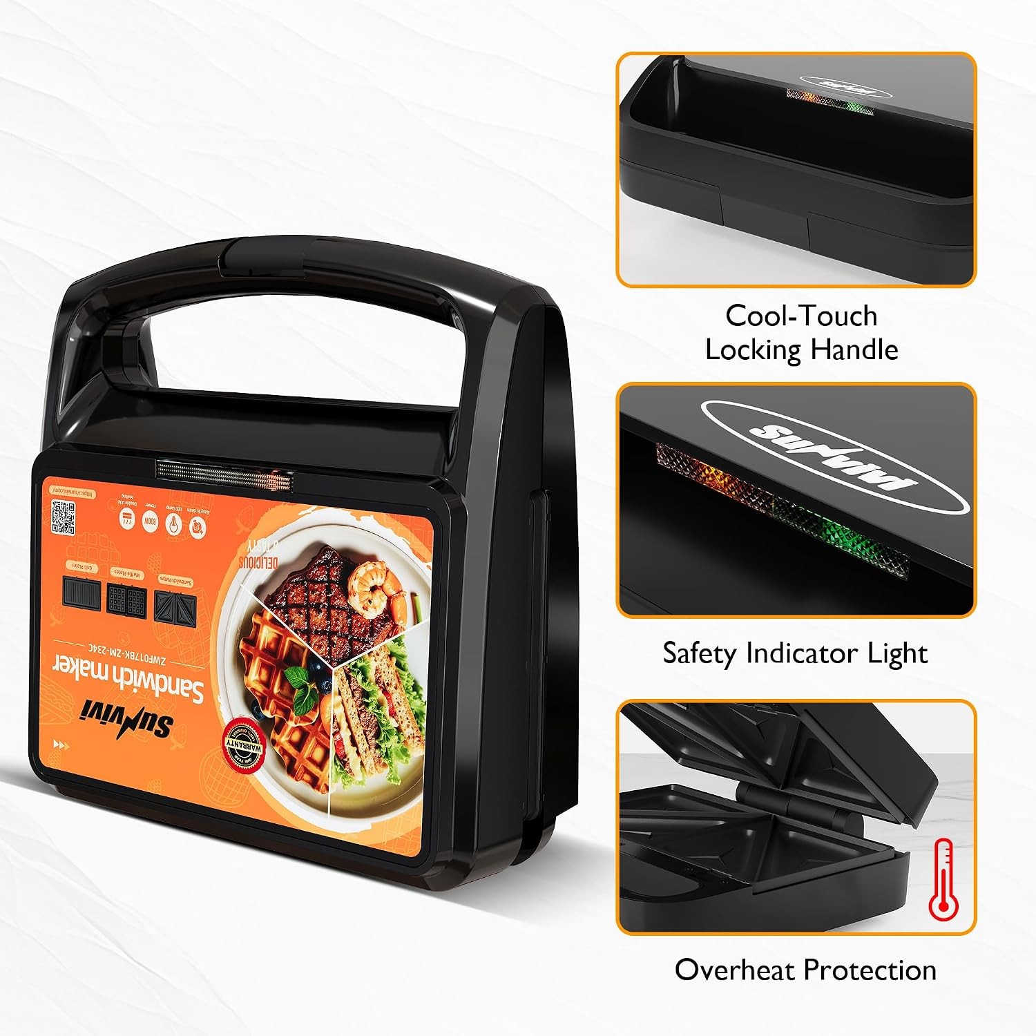 3 in 1 Sandwich Maker Electric Waffle Maker W/ Removable Non-stick Plates 800W