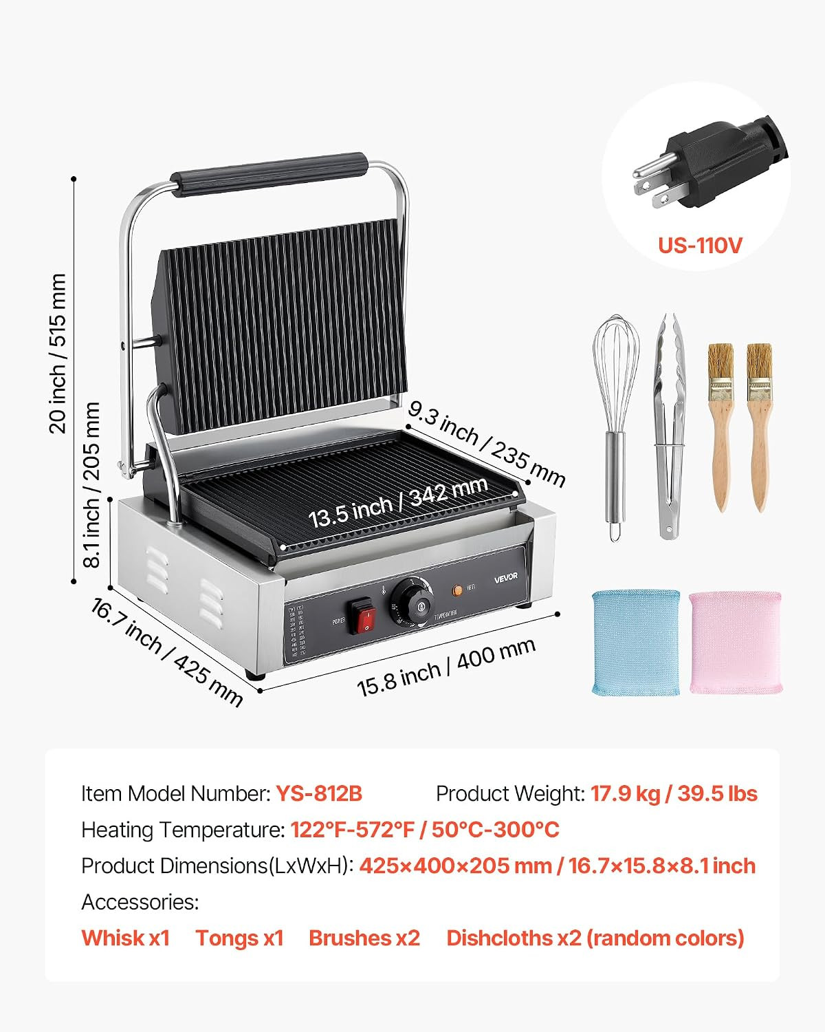 Commercial Panini Grill, 1800W Electric Sandwich Panini Maker, Stainless Steel S