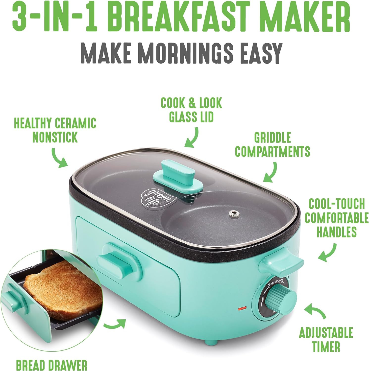 3-In-1 Breakfast Station Dual Griddles for Eggs Meat Etc 2-Slice Toast Drawer