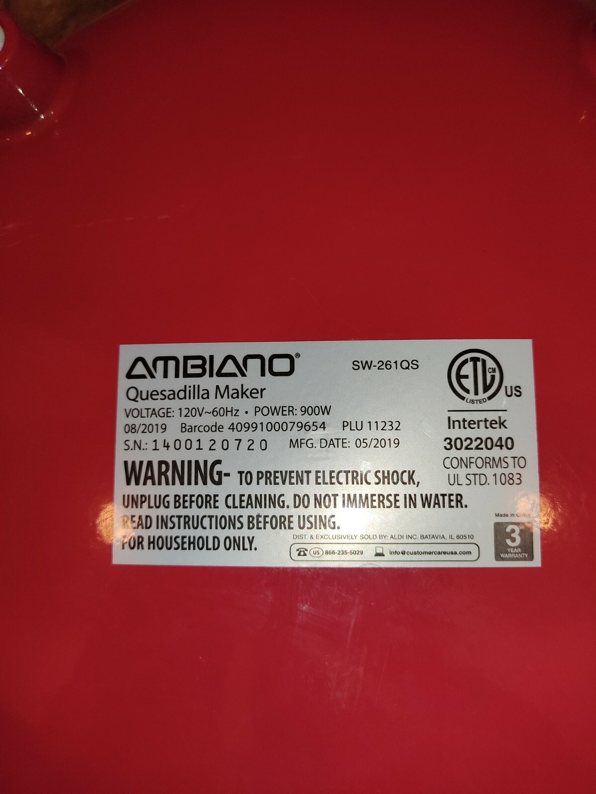 Ambiano Electric Non-Stick Easy Clean Quesadilla Maker Red Skid Resisting Feet