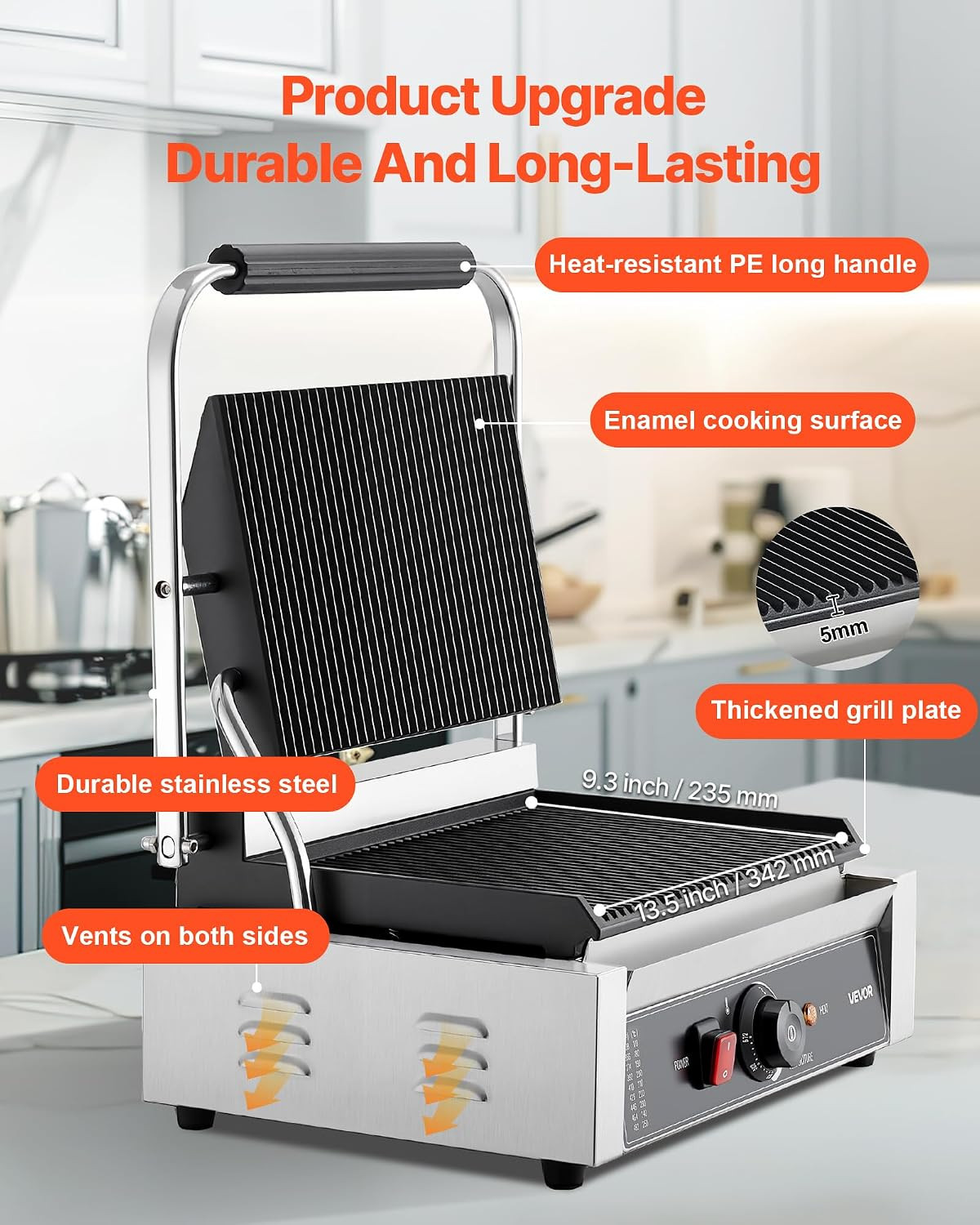 Commercial Panini Grill, 1800W Electric Sandwich Panini Maker, Stainless Steel S