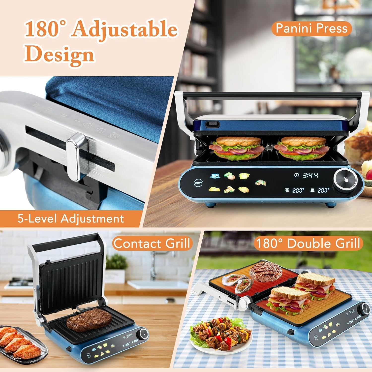 Panini Press 1200W Sandwich Maker W/ LED Touch Panel Non-Stick Coated Plates &