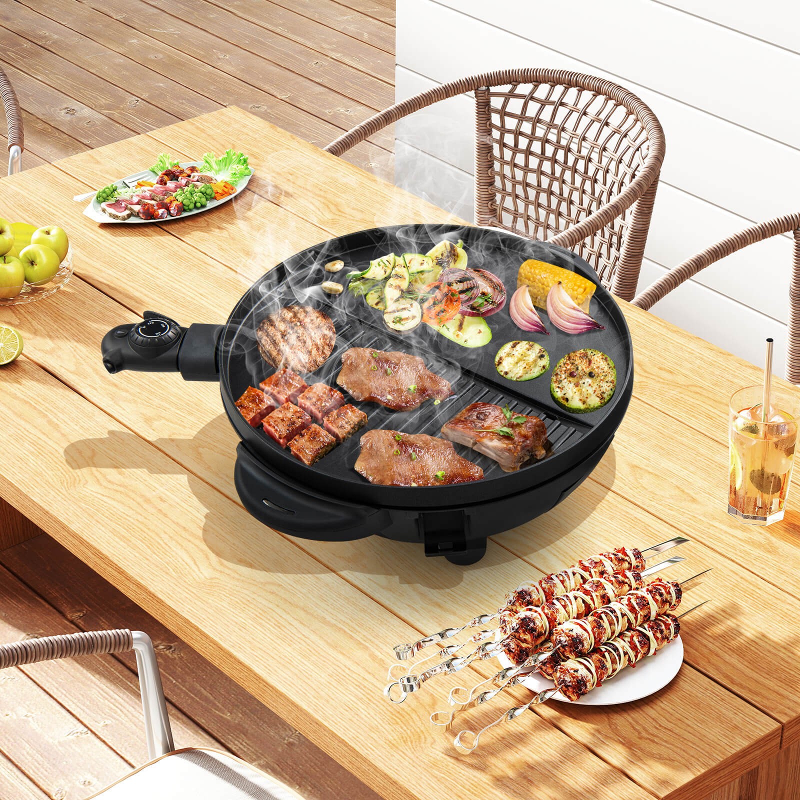 Indoor Outdoor Electric Grill w/ Non-stick Grill Plate Temperature Control