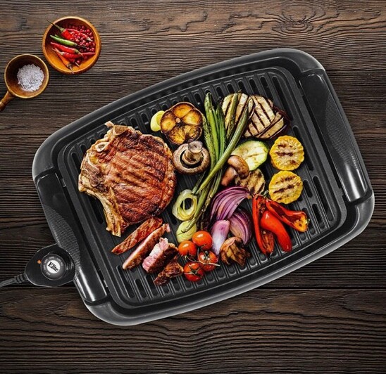 Elite Cuisine 13 inch Smokeless Indoor Electric BBQ Nonstick Grill, Dishwasher S